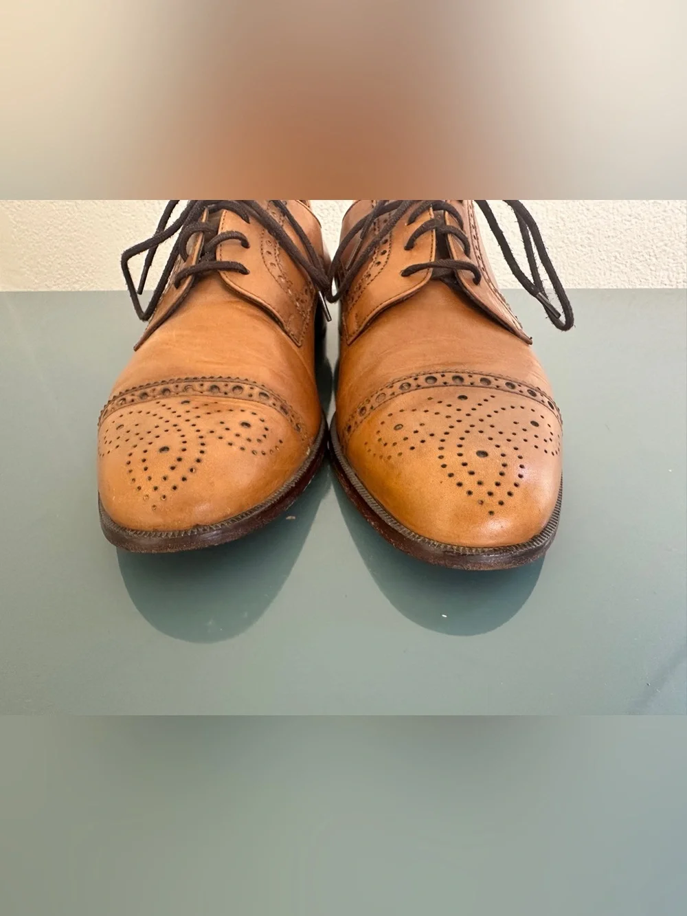 VTG Brassboot Mens Oxford Sz 8.5 D Tan Leather Cap Toe Brogue Italy Dress Shoes